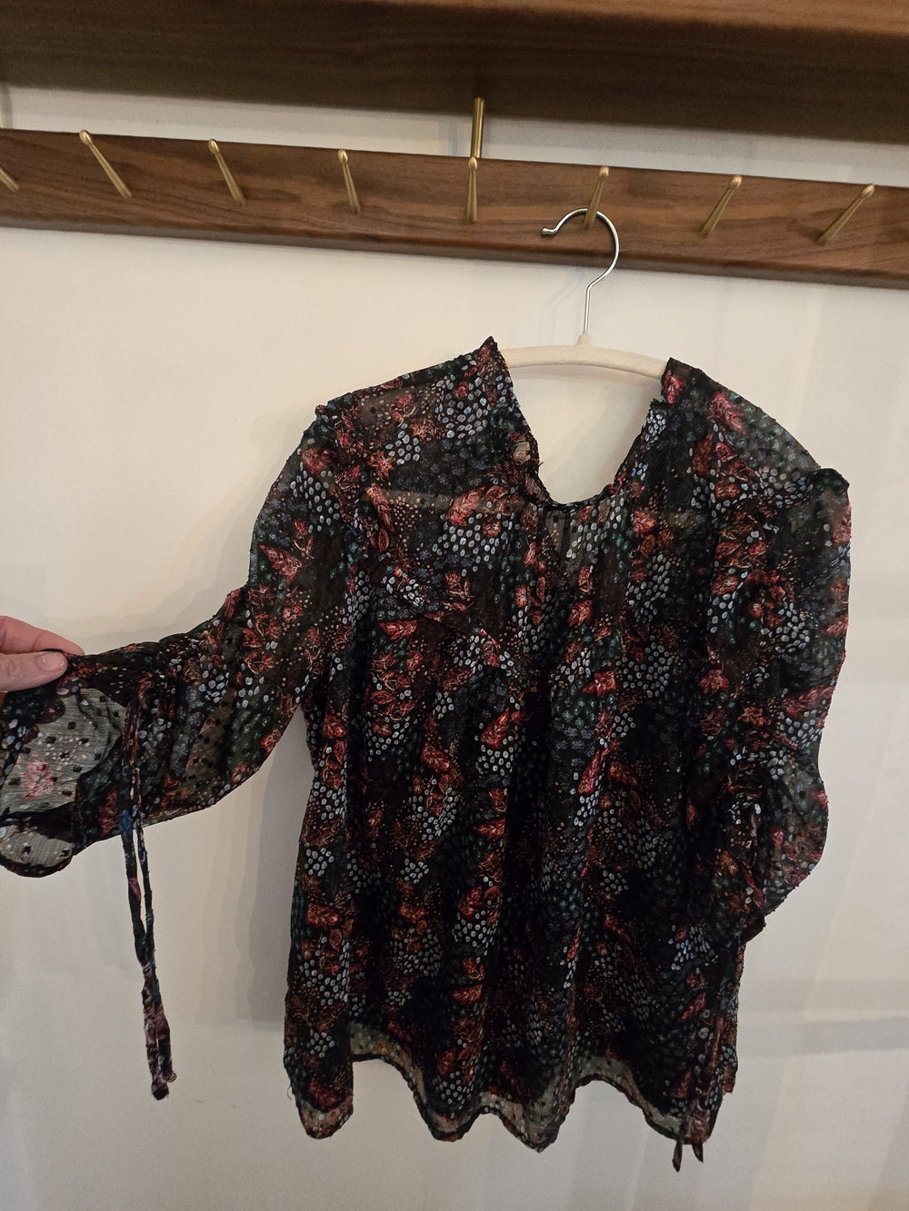 LOFT Black Sheer Floral Blouse with Red & Green Print